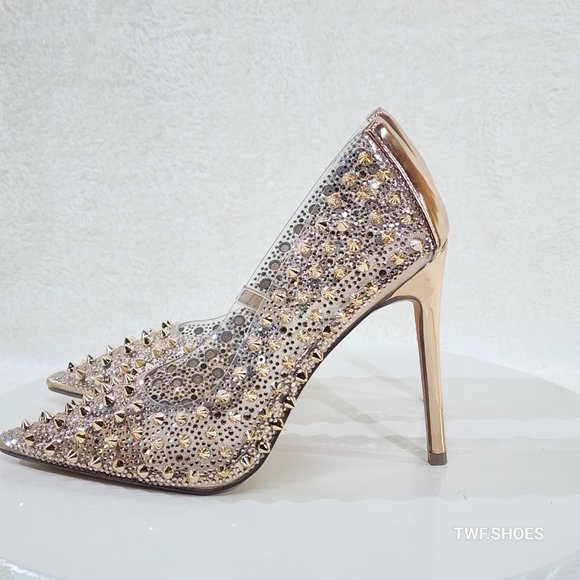 Spicy Stiletto PVC Clear Pumps Rose Gold Studs & Rhinestone Pumps High Heels - Picture 8 of 16